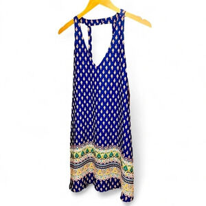 Sienna Sky blue and paisley halter swing mini dress, fully lined, size medium